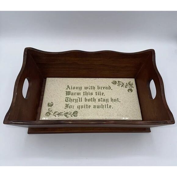 Antique Heated Tile Bread Dinner Rolls Serving Tray Wooden Tray 11” - Picture 1 of 6